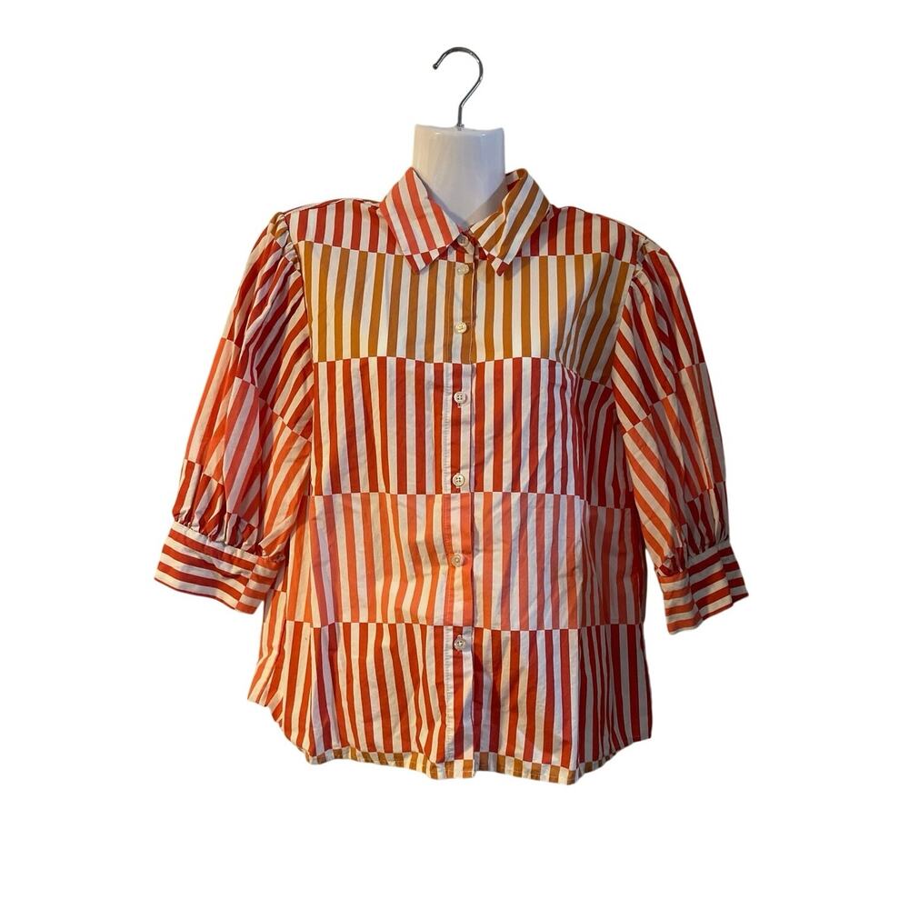Who What Wear Puff Elbow Sleeve Stripe Button Down Shirts SZ S Playful Artsy